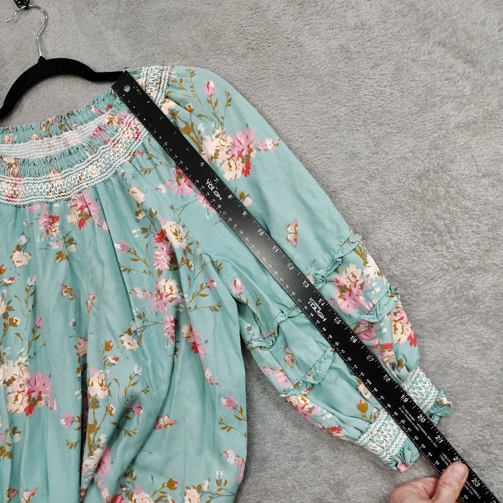 Spartina 449 Top M Boho Floral Smocked Neck Blouson Tiered Sleeve Cottagecore - Picture 5 of 8